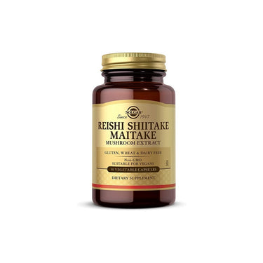 A bottle of Solgar Reishi Shiitake Maitake Mushroom Extract 50 Vegetable Capsules on a white background.